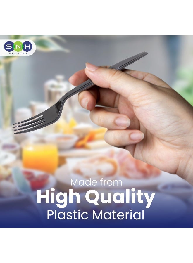 SNH Packing شوكة بلاستيكية سوداء من SNH - شوكة disposable ثقيلة الوزن، أدوات مائدة سوداء ثقيلة - أدوات بلاستيكية - مثالية للحفلات والمطاعم - 50 قطعة - Image 4